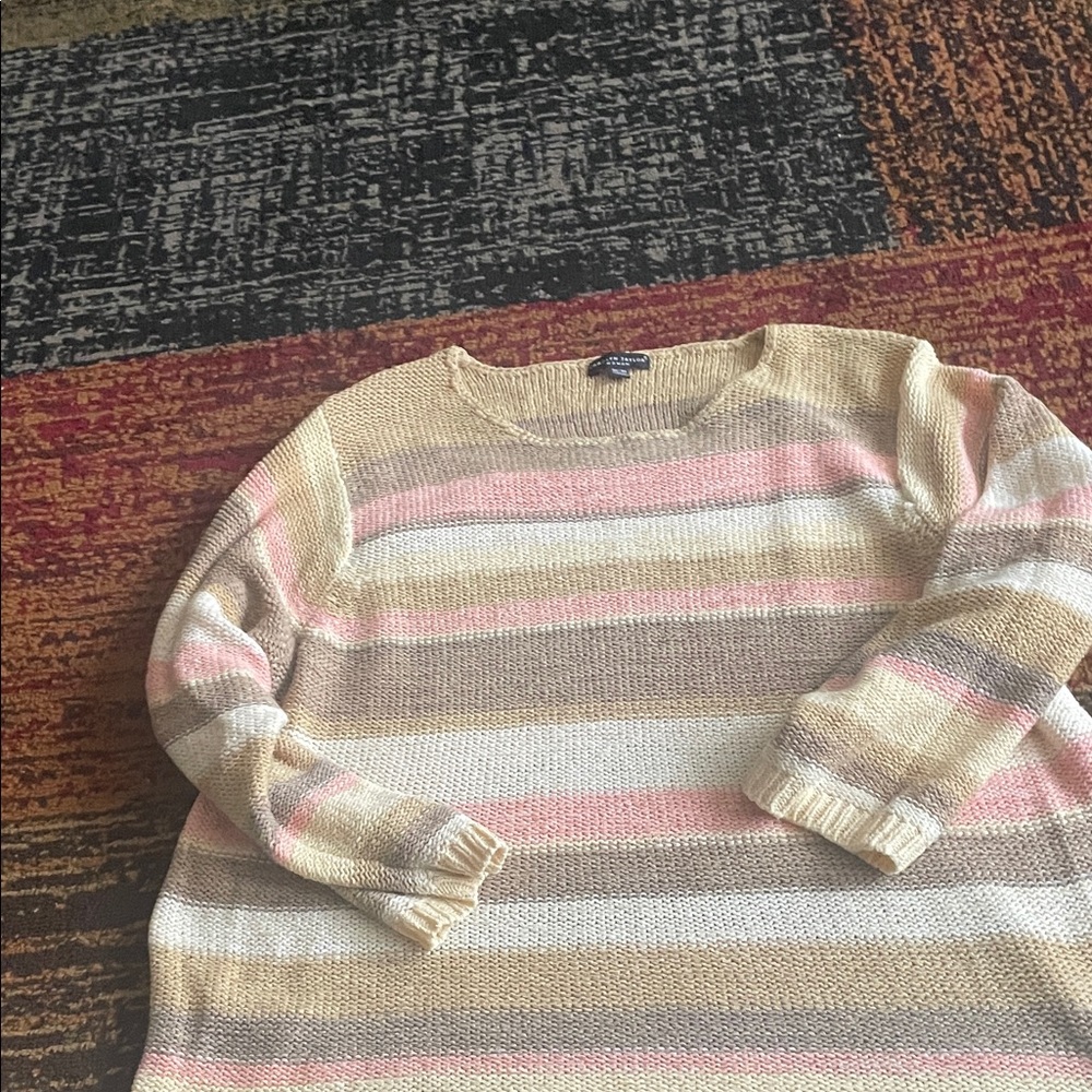 Carolyn Taylor Women's Sweater in Cream, Pink, and Tan Stripes